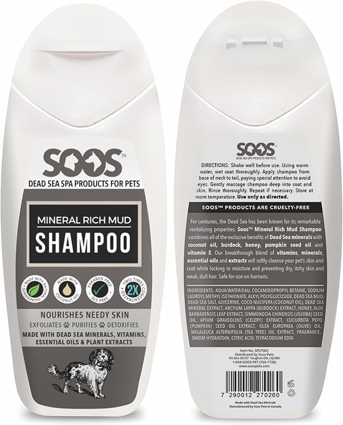 Soos Pet Dog Shampoo for Cats and Pets Mineral Rich Mud Natural Dead Sea Cruelty Free Fast Absorbing Skin Cooling First Aid Antib-acterial and Antif-ungal Odor Remover - 1x 250ml
