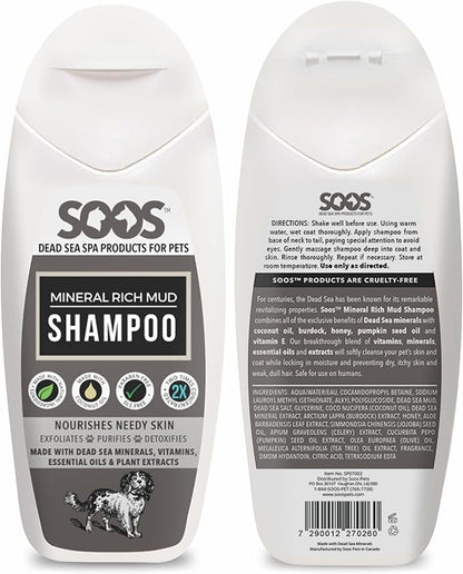 Soos Pet Dog Shampoo for Cats and Pets Mineral Rich Mud Natural Dead Sea Cruelty Free Fast Absorbing Skin Cooling First Aid Antib-acterial and Antif-ungal Odor Remover - 1x 250ml