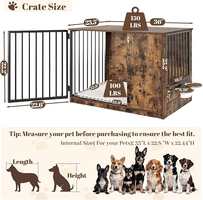 Dog Crate Furniture for Large Dogs, 36" Indoor Wooden Dog Kennel with 270° Swivel Door, 360° Rotating Feeder, Decorative Heavy Duty Dog House with Double Locks & Bowls, Rustic Brown