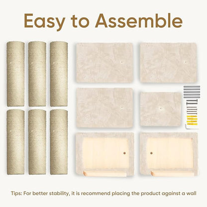 PAWSCRAT Wall-Mounted Cat Tree, 5 Tier Floor to Ceiling Cats Tower, 80 Inch Wall-Mounted Cat Scratching Post, Space Saving Cat Furniture and Easliy Climb for All Cats, Beige