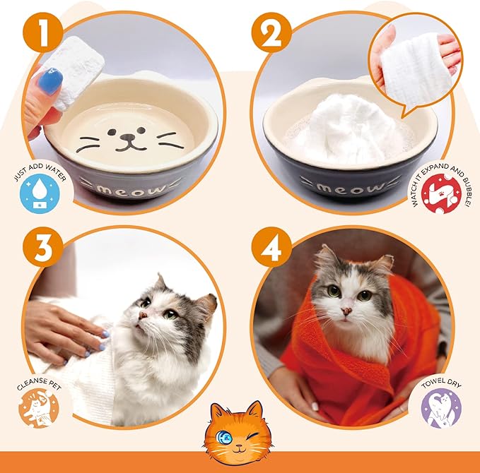 Mr. Tom's Magic Towel - Pet Wipes for Cats - Rinse-Free Compressed Shampoo Towel for Cats and Dogs - Non-Toxic, Re-usable, pH-Balanced, Omega 3 Fish Oil Cat Shampoo - 10 Towel Pieces