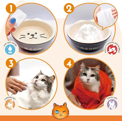 Mr. Tom's Magic Towel - Pet Wipes for Cats - Rinse-Free Compressed Shampoo Towel for Cats and Dogs - Non-Toxic, Re-usable, pH-Balanced, Omega 3 Fish Oil Cat Shampoo - 10 Towel Pieces