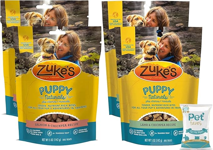 (4 Pack) Zuke Puppy Naturals Training Dog Treats Crafted in The USA, Salmon and Lamb 5oz with 10ct Pet Wipes 5 Piece Set
