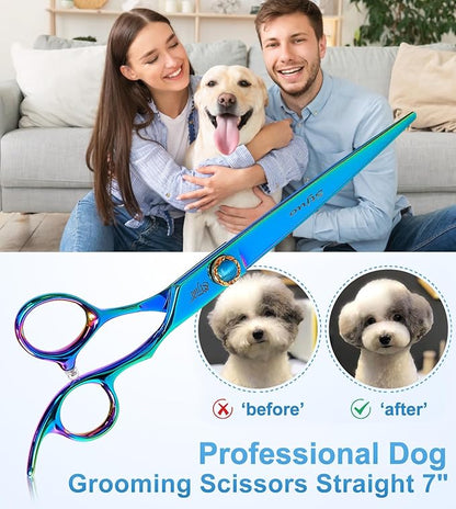 7.5'' Dog Straight Scissors for Grooming 440C Stainless Steel Green Professional Pet Trimming Scissors Sharp Blades Cutting for Dogs and Cats Shears