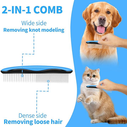 2 in 1 Pet Grooming Comb for Cats and Dogs  Stainless Steel Teeth and TPR Design for Detangling, Deshedding, and Dematting, Ideal for Long and Short Hair Pets