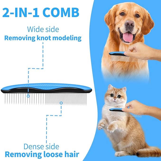 2 in 1 Pet Grooming Comb for Cats and Dogs  Stainless Steel Teeth and TPR Design for Detangling, Deshedding, and Dematting, Ideal for Long and Short Hair Pets