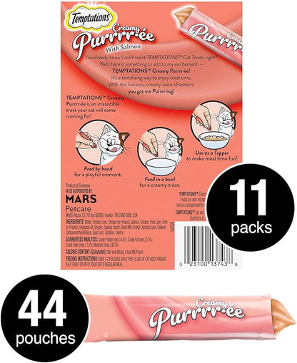 Temptations Creamy Puree Squeezable Lickable Wet Cat Treats with Salmon, 0.42 oz. Tubes, 4 Count, Pack of 11 (44 Total)