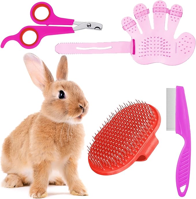 4 Pieces Bunny Grooming Kit with Rabbit Grooming Brush Pet Hair Remover Pet Nail Clipper Pet Comb Shampoo Bath Brush with Adjustable Ring Handle for Rabbit Hamster Bunny (Pink, Red)