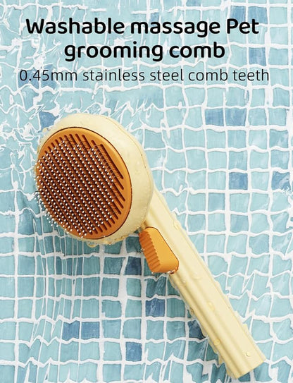 Cat Brush with Release Button, Pet Comb for Shedding and Tangles, Dog Hair Brush for Long and Short Hair, Grooming Tool for Removing Fleas and Fur Knots, Yellow ABS Plastic