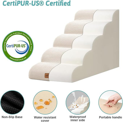 Dog Stairs for High Bed 22.6" H, Small Pet Steps with Leakproof Cover, High Density Foam Cat Ramp for Bed, Car or Couch, Lightweight, Durable, Comfort, 15.7x33x22.6 inch, 5 Tiers, Beige