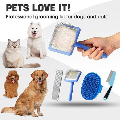 Dog slicker Brush for Dogs Grooming Kit 4PCS | Large Dog Brush for Goldendoodles Poodles Doodles | Long Pin Haired Brush | Dog Bath Brushes Flea Comb(Blue)