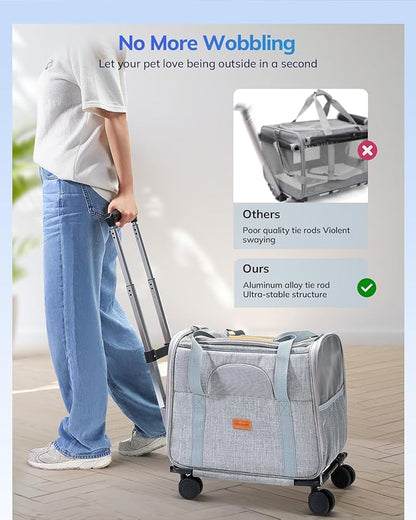 Morpilot Dog Carrier with Wheels Pet Carrier Airline Approved, Cat Carrier with Wheels Large for 2 Cats, Rolling Puppy Stroller Detachable and Foldable Pet Travel Bag Gray