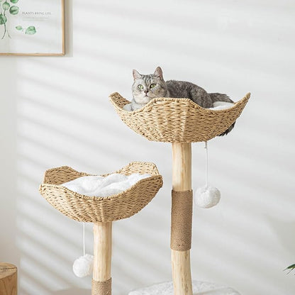 Modern Cat Tree for Indoor Cats Large Adult, 46" Tall Wooden Cat Tower for Large Cats with Scratching Post, Luxury Cat Condo, White