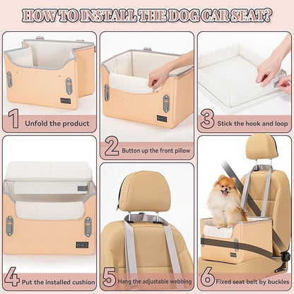 PETSFIT Cat Car Seat, Waterproof PU Leather Dog Booster Car Seat with Patented Safe Buckles, Clip-On Leash, Pet Travel Carrier Bed for Small Pets Up to 25lbs (Orange)