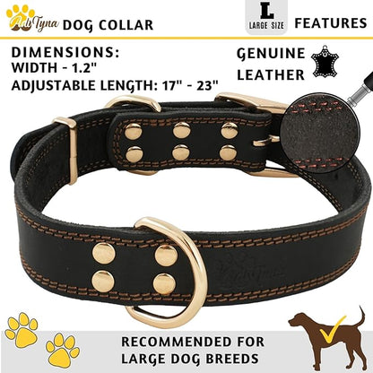 ADITYNA - Heavy Duty Leather Dog Collar for Large Dogs - Soft and Strong Leather Dog Collar for Walking and Training (Black - Gold Colored Buckle, Large: Fit 17" - 23" Neck)