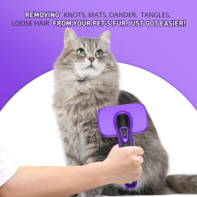 Dog Brush for Shedding, Self-Cleaning Slicker, 3 PCS Kit with Bath Brush & Flea Comb, Ideal for Short & Long Haired Pets, Removes Mats, Tangles, Fur, Gentle on Skin, for All Dogs. Purple