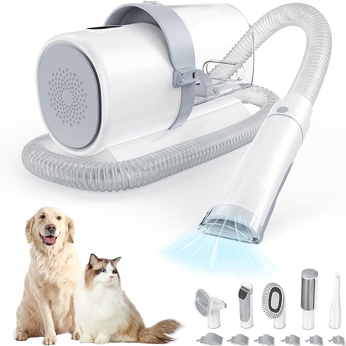 DUMOS 5-in-1 Cordless Pet Grooming Vacuum Kit - Ultra-Quiet Clippers, 2.5L XL Dust Cup, 3 Suction Modes & 5 Pro Tools for Dogs/Cats | Tangle-Free Grooming, All-in-One Cleaning (White)