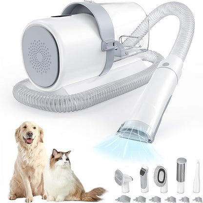 DUMOS 5-in-1 Cordless Pet Grooming Vacuum Kit - Ultra-Quiet Clippers, 2.5L XL Dust Cup, 3 Suction Modes & 5 Pro Tools for Dogs/Cats | Tangle-Free Grooming, All-in-One Cleaning (White)