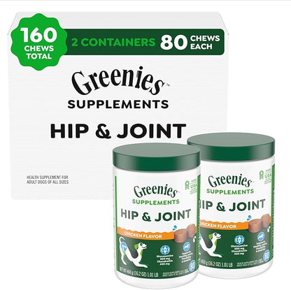 Greenies Supplements Hip and Joint Supplement for Dogs, Chicken Flavor, 80-Count Tub, Pack of 2
