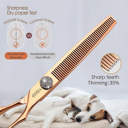 7'' Dog Grooming Scissors Set Rose Gold Titanium 4PCS Curved Thinning Straight Chunkers Shears Kit with White Artificial Diamonds Ergonomic Offset Handle Japan 440C Sharp and Durable