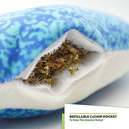 ZOOMIE Shark Kicker - Refillable Catnip Toy + Catnip | High Potency Hand Harvested Fresh | Soft Plush for Engaging Play