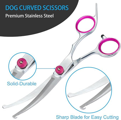 5 in 1 Premium Dog Grooming Scissors, Professional Dog Scissors for Grooming with Safety Round Tips, Lengnoyp Stainless Steel Thinning Shears, Dog Pet Cat Shears for Grooming Kit, Pink