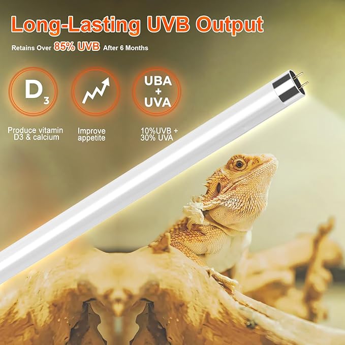 24W T5 UVB Reptile Light Fixture Combo Kit – 10.0 UVB Fluorescent Tube for Bearded Dragons, Lizards & Tortoises – UVA UVB Reptile Light, 22" Terrarium Hood (UVB 10.0-Desert, 22INCH-24W)