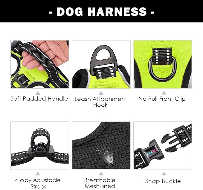 PHOEPET No Pull Dog Harnesses for Small Dogs Reflective Adjustable Front Clip Vest with Handle 2 Metal Rings 3 Buckles [Easy to Put on & Take Off] (XS, Green)