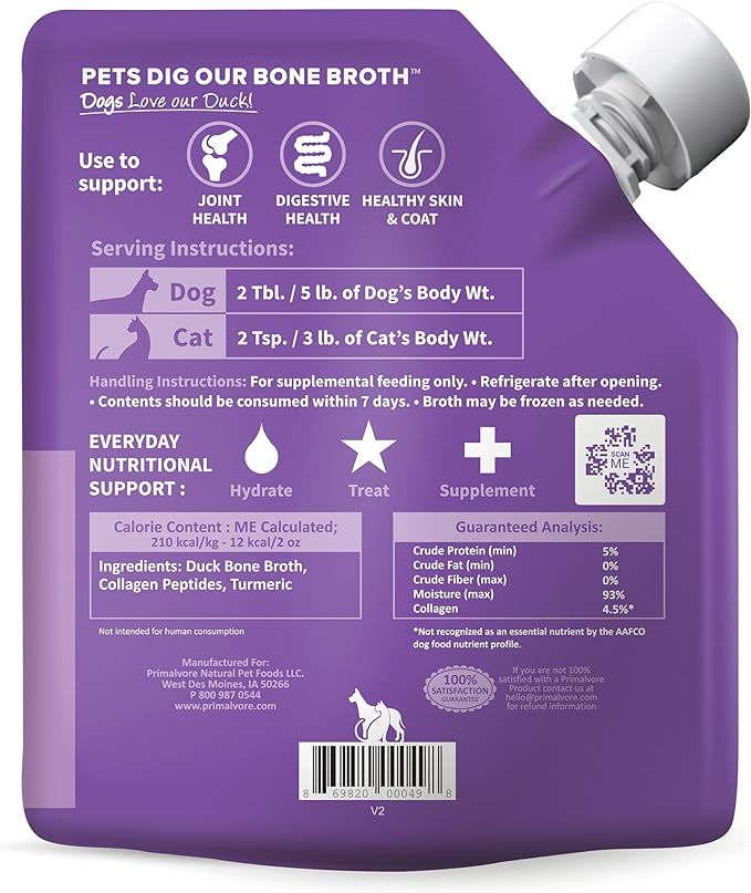 Primalvore All-Natural Duck Bone Broth for Dogs &Cats, Mobility Formula w/Collagen Peptides for Hip & Joints, Digestion, Skin & Coat and Hydration. Grain Free, Human Grade, Made in USA. Duck 6 Pack