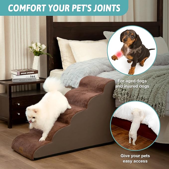 Dog Stairs for High Bed 22.6" H, Small Pet Steps with Leakproof Cover, High Density Foam Cat Ramp for Bed, Car or Couch, Lightweight, Durable, Comfort, 15.7x33x22.6 inch, 5 Tiers, Brown