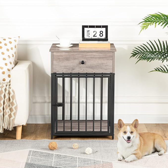 HOOBRO Dog Crate Furniture, Wooden Dog House, Decorative Dog Kennel with Drawer, Indoor Pet Crate End Table for Small Dog, Steel-Tube Puppy Cage, Chew-Proof, Greige BG01GW03