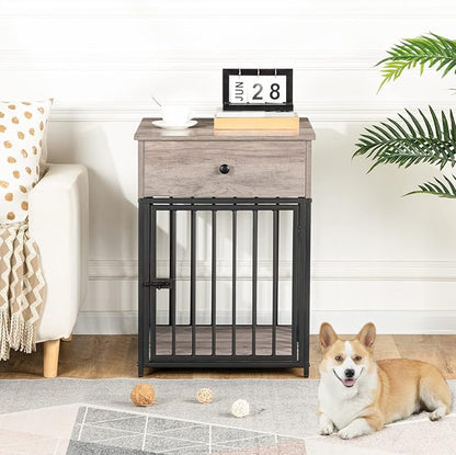 HOOBRO Dog Crate Furniture, Wooden Dog House, Decorative Dog Kennel with Drawer, Indoor Pet Crate End Table for Small Dog, Steel-Tube Puppy Cage, Chew-Proof, Greige BG01GW03