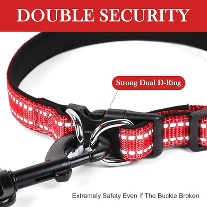AUAUY Reflective Nylon Dog Collars, Adjustable Classic Pet Collars with Soft Neoprene Padding, Double Security Dual D-Ring and Quick Release Buckle for Small Puppy, Medium and Large Dogs (Red-L)
