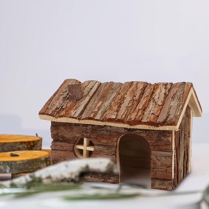 Hypeety Natural Wooden Hamster House Cage Small Animals House with Chimney for Pet Rats Gerbil Hideout Play House (M)