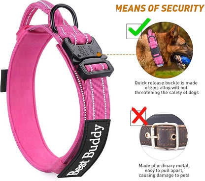 AUBELL Reflective Dog Collar, Tactical Dog Collar for Medium Dogs, Heavy Duty Dog Collars with Handle and Metal Buckle Great for Female Dogs Training, with Airtag case and 2 Patches(Pink, L)