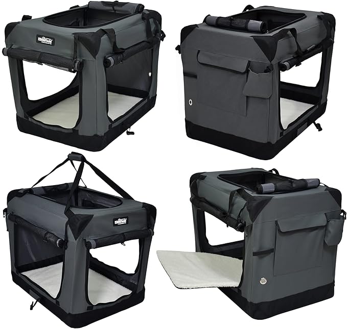 EliteField 4-Door Folding Soft Dog Crate with Curtains, Carrying Bag and Fleece Bed (2 Year Warranty), Indoor & Outdoor Pet Home (20" L x 14" W x 14" H, Gray+4 Door Curtains)