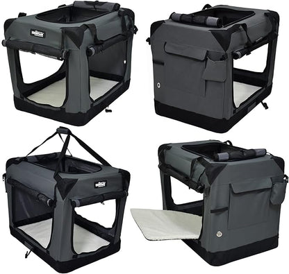 EliteField 4-Door Folding Soft Dog Crate with Curtains, Carrying Bag and Fleece Bed (2 Year Warranty), Indoor & Outdoor Pet Home (24" L x 18" W x 21" H, Gray+4 Door Curtains)