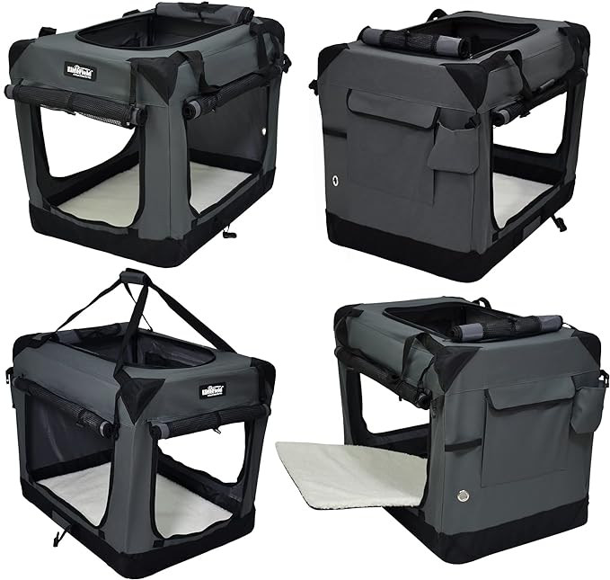EliteField 4-Door Folding Soft Dog Crate with Curtains, Carrying Bag and Fleece Bed (2 Year Warranty), Indoor & Outdoor Pet Home (30" L x 21" W x 24" H, Gray+4 Door Curtains)