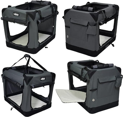 EliteField 4-Door Folding Soft Dog Crate with Curtains, Carrying Bag and Fleece Bed (2 Year Warranty), Indoor & Outdoor Pet Home (30" L x 21" W x 24" H, Gray+4 Door Curtains)