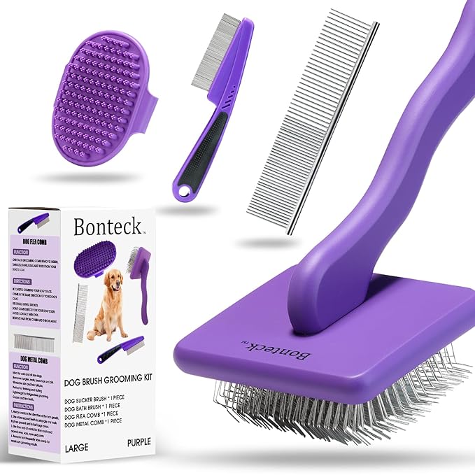 Dog Slicker Brush for Dogs Grooming Kit 4PCS | Large Dog Brush for Goldendoodles Poodles Doodles | Long Pin Haired Brush | Dog Bath Brushes Flea Comb(Purple)