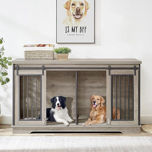 Rovibek 61 Double Dog Crate Furniture for 2 Dogs, Large Double Dog Kennel Furniture TV Stand, Furniture Style Dog Crates End Table, Wood Crates for Dogs Kennel Indoor Grey