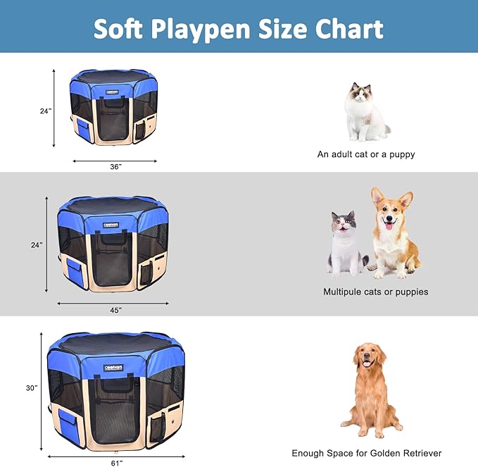 JESPET Pet Dog Playpens 36", 45" & 61" Portable Soft Dog Exercise Pen Kennel with Carry Bag for Puppy Cats Kittens Rabbits, Indoor/Outdoor Use