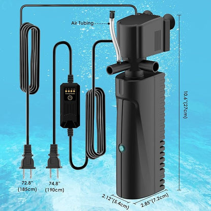 Aquarium U-V Filter for Green Water, Fish Tank Filter with Timer U-V Light, Turtle Tank Filter, Internal Filter with Dual Water Outlet & Aeration, for 70-100 Gallon Tank