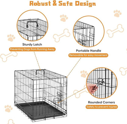 DUMOS 24-Inch Double Door Dog Crate | Durable Metal Pet Kennel with Secure Locks | Foldable & Portable Design for Small Dogs | Black