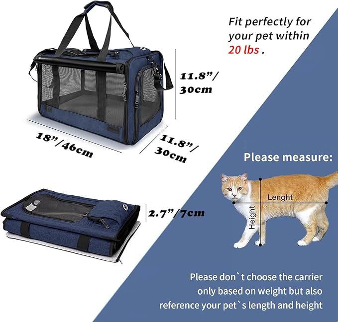 Medium Cat Carrier for Large Cat 15 lbs+ Soft Pet Carrier Small Puppy/Ventilated 2 Kittens Car Travel Bag Case/Comfy Big Cat 25 Pounds/Soft-Sided Mesh Cat Products Dark Blue