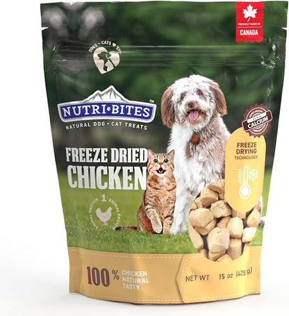 Nutri Bites Freeze Dried Chicken Dog & Cat Treats | Healthy Pet Training Treats or Food Topper | All Natural, 1 Single Animal Protein, High Protein | Premium Bulk Value Pack, 15 oz