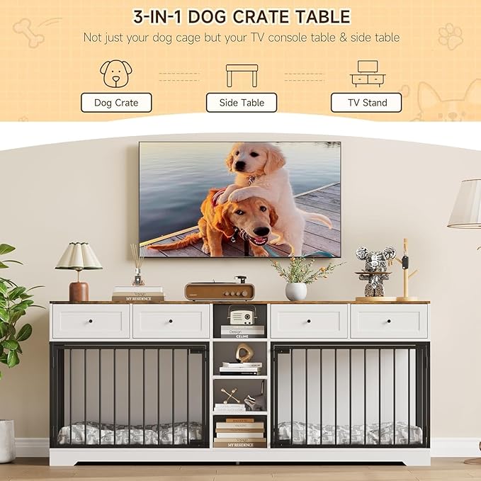 82 Double Dog Crate Furniture, Large Dog Kennel Indoor for 2 Dogs, Heavy Duty Wooden Dog Crate TV Stand with 4 Drawers and Shelves, White