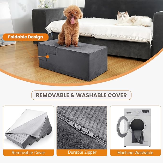 Niubya Dog Stairs for Small Dog, Dog Steps for High Beds and Couch,23”H Non-Slip Bottom Pet Stairs for Small Dogs and Cats,High-Density Foam Pet Steps Grey, 5 Steps