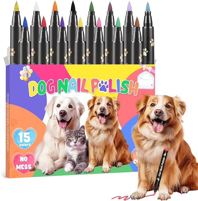 MSDADA Dog Nail Polish Pens Quick Dry - Pet Nail Polish Set for Dogs, Dog Safe & Odorless Nail Polish, Easy DIY Dog Nail Art Kit - Stylish Girl Dog Accessories for Puppy, Large Dogs (15 Pcs)
