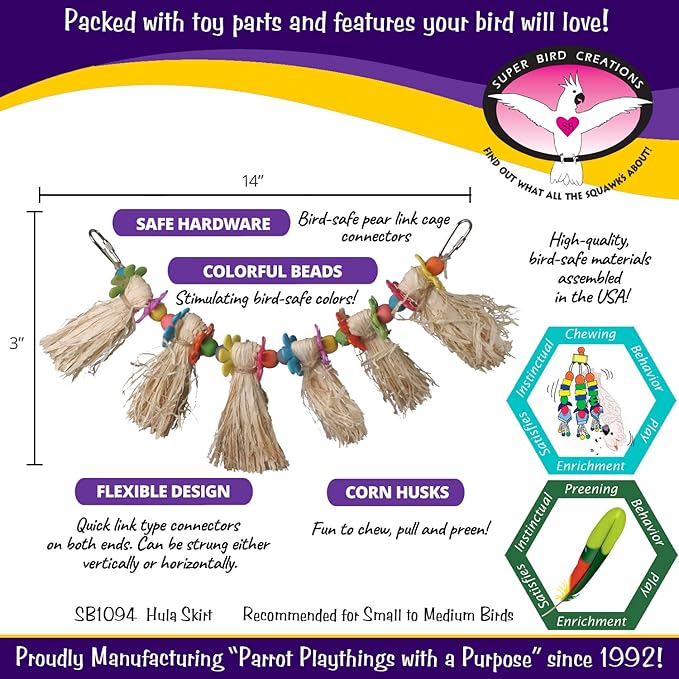Super Bird Creations SB1094 Hula Skirt Bird Toy - Engaging Natural Bird Play - Ideal for Cockatiels Parakeets Parrots - Durable Enrichment Toy for Birds - Bird Size Small/Medium - 14" x 3" x 1.5"